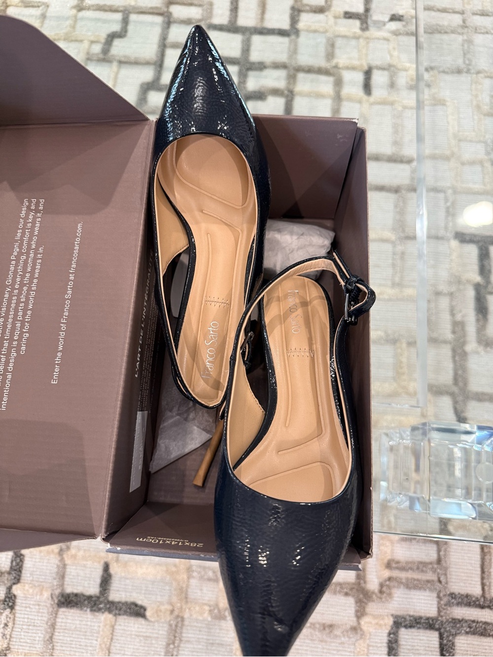 Franco Sarto Black Patent Pointed Toe Slingback Heels
